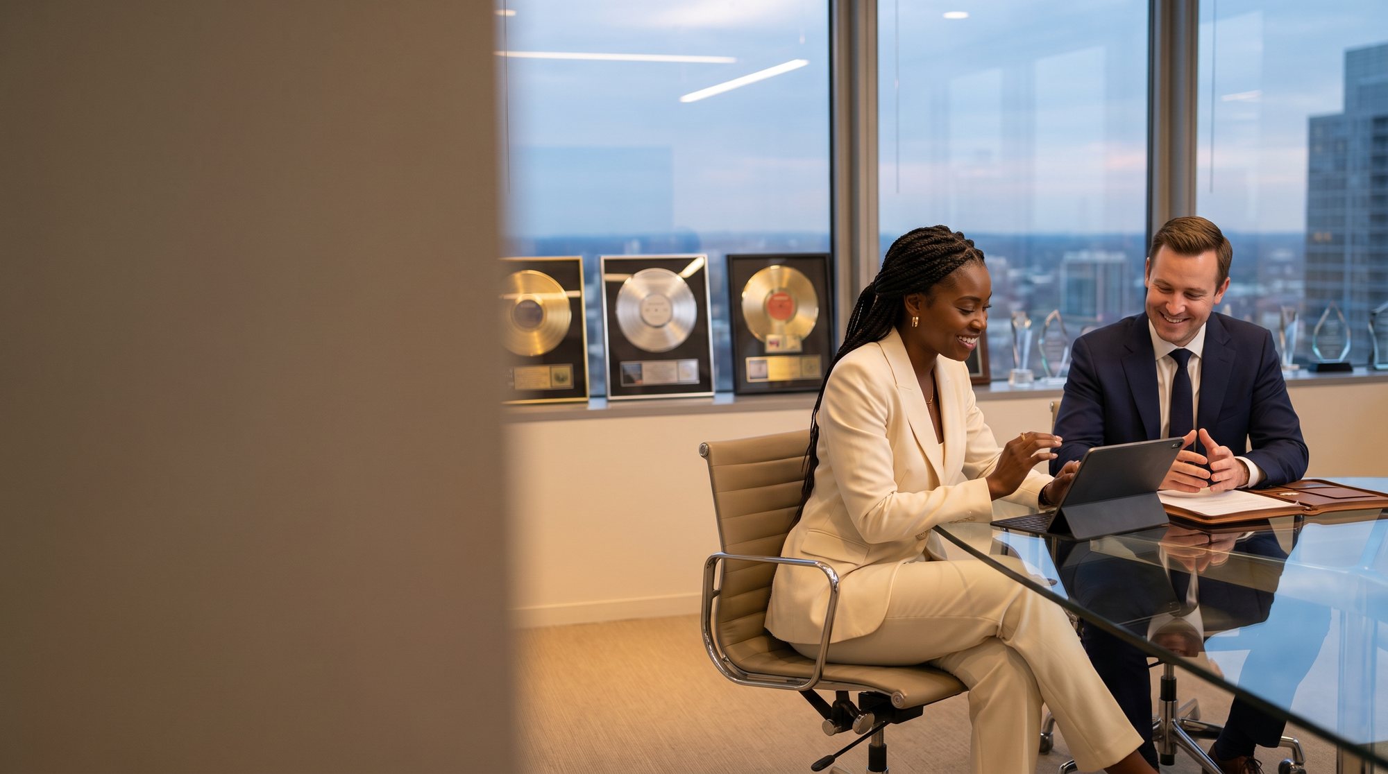 A creator and an executive reviewing an investment on a tablet