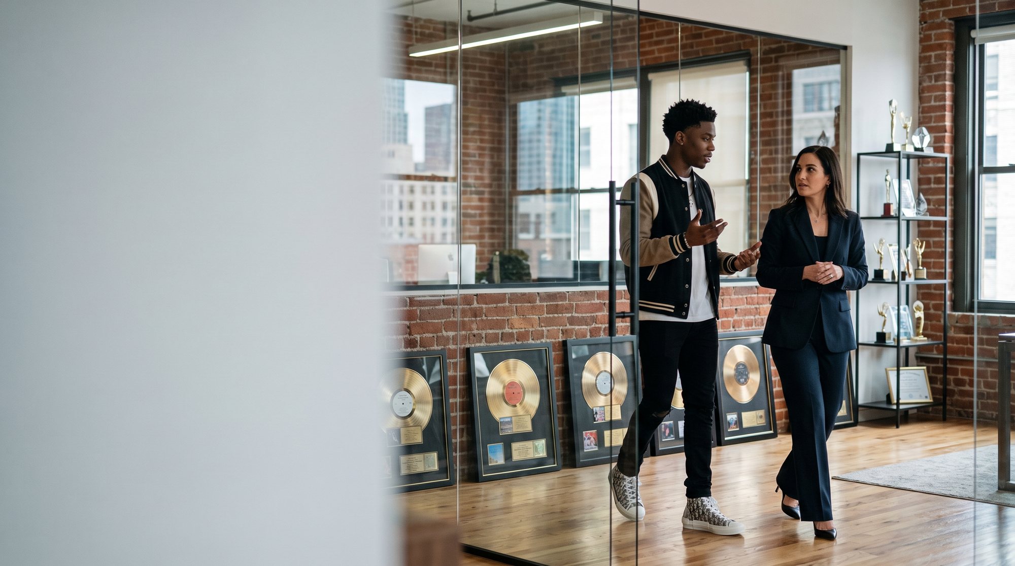 An agent walking with a young artist through a studio office lined with gold records