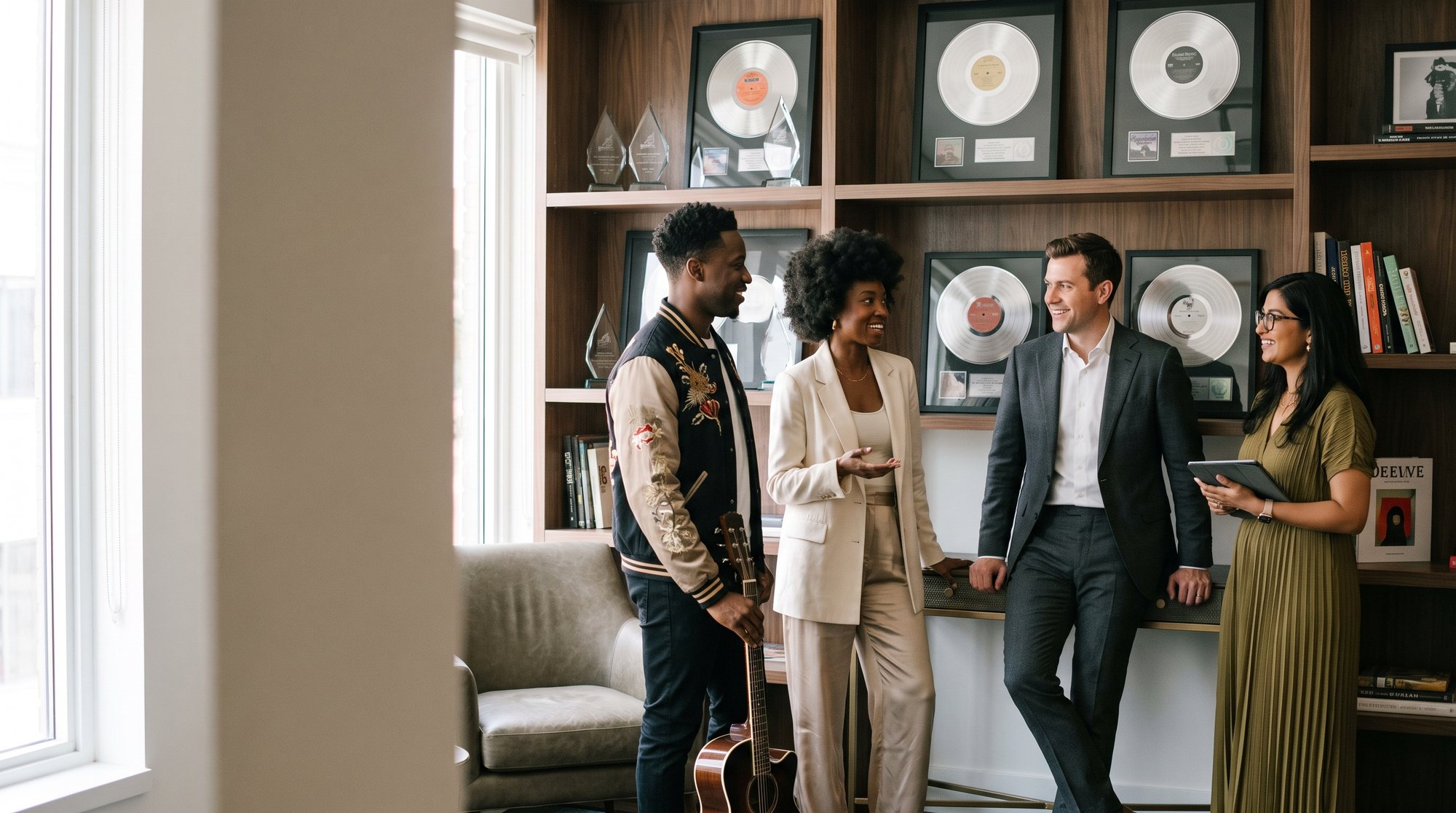 An artist, his manager and two advisors talking in front of a wall of platinum records