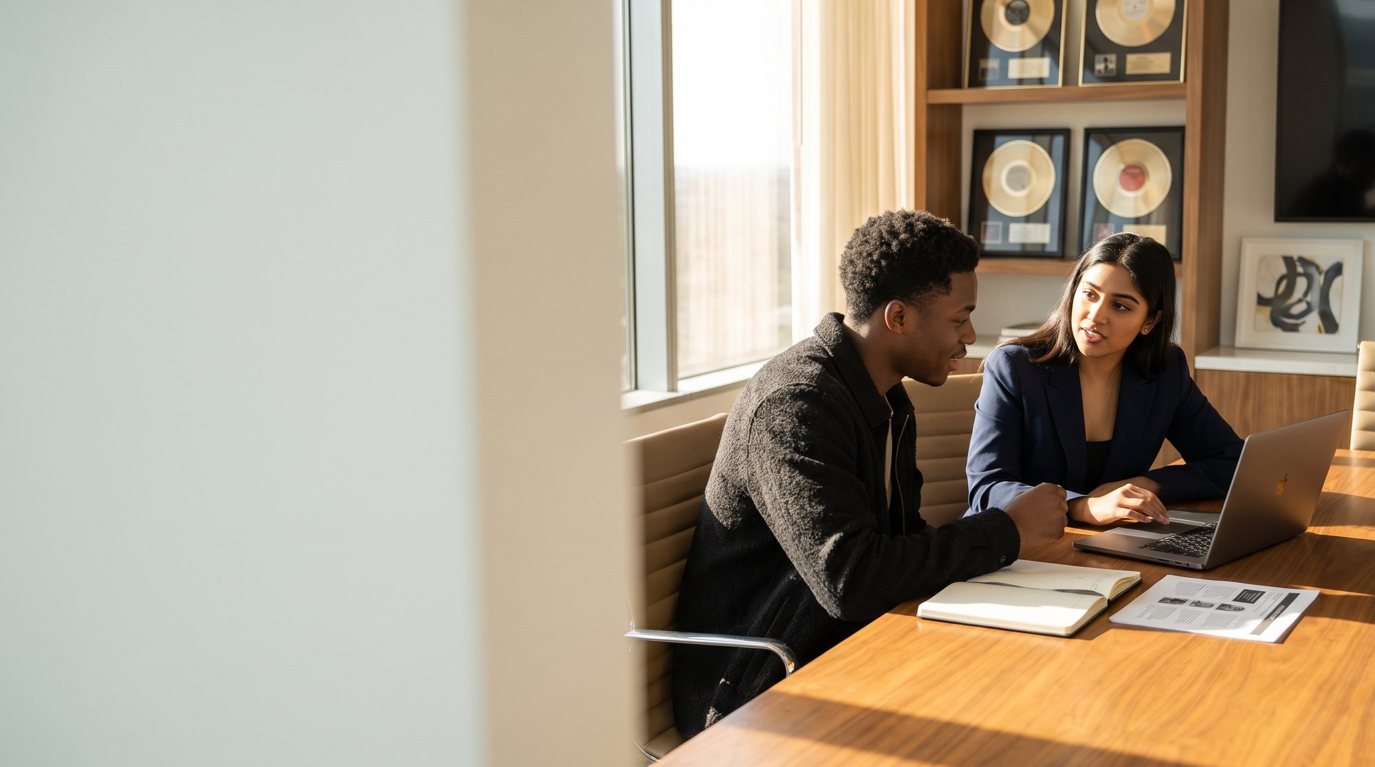 A creator discussing strategy with an advisor over a laptop