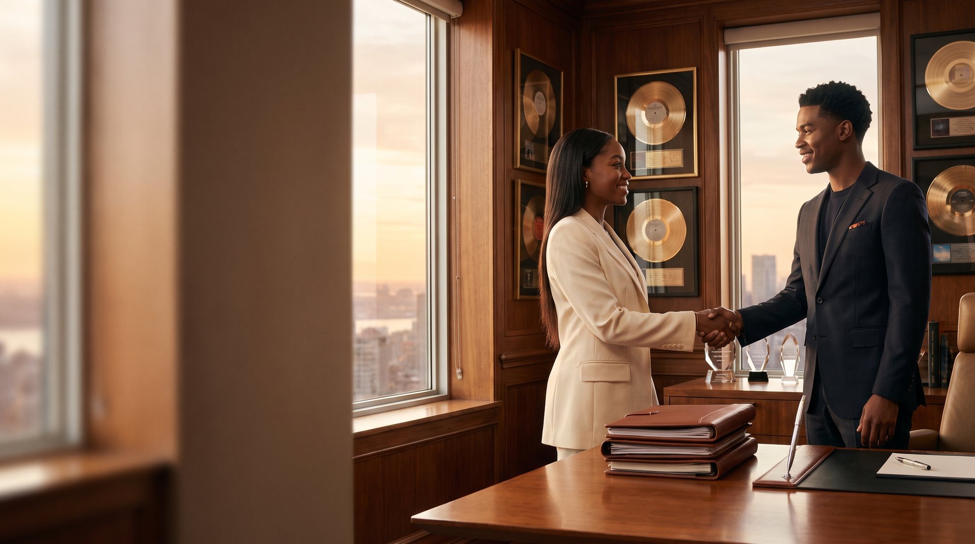 A deal closing in a wood-panelled office lined with gold records