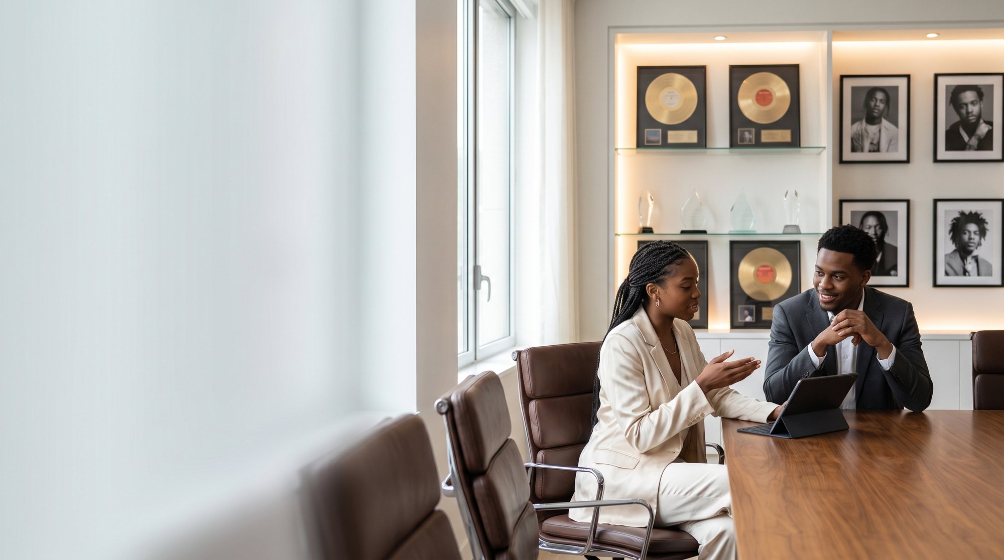 An artist and an executive talking through a plan at a boardroom table