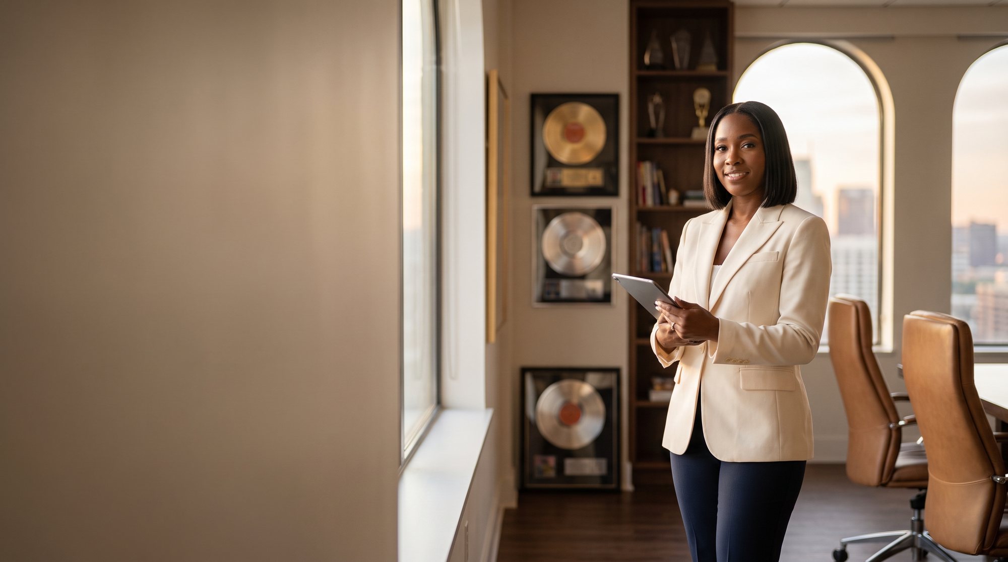 A talent manager holding a tablet in an office lined with platinum records